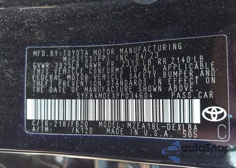 2023 Toyota Corolla Le из США, поврежденный, VIN 5YFB4MDEXPP034604